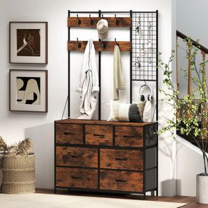 4-in-1 Entryway Unit, Coat Rack, Hallstand with 7 Fabric Drawers and 14 Hooks, 100 x 30 x 183 cm, Rustic Brown
