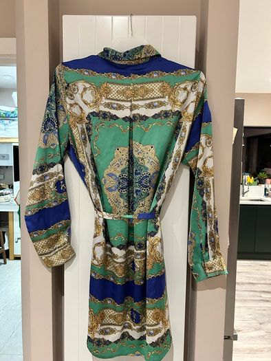 Misspap green,white,blue and gold silk like shirt dress