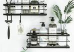 Shower Caddy Basket Shelf Pack of 2 - Adhesive Drill-Free Home Kitchen or Bathroom Organiser - Black Shower Storage Shelves - Bath Tray w/ Hooks for Accessories