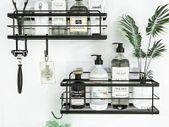 Shower Caddy Basket Shelf Pack of 2 - Adhesive Drill-Free Home Kitchen or Bathroom Organiser - Black Shower Storage Shelves - Bath Tray w/ Hooks for Accessories