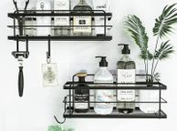 main image for ad Shower Caddy Basket Shelf Pack of 2 - Adhesive Drill-Free Home Kitchen or Bathroom Organiser - Black Shower Storage Shelves - Bath Tray w/ Hooks for Accessories