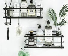 Shower Caddy Basket Shelf Pack of 2 - Adhesive Drill-Free Home Kitchen or Bathroom Organiser - Black Shower Storage Shelves - Bath Tray w/ Hooks for Accessories