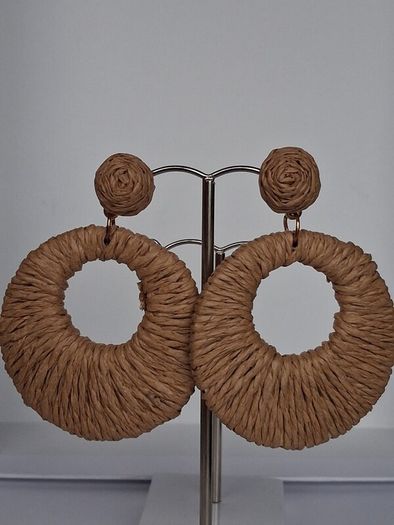 Coffee Beige Raffia Woven Stud Hollow Out Woven Hoop Earrings