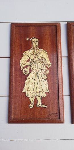3 vintage handcrafted wooden wall plaques with inlaid wood design middle east or Asian style