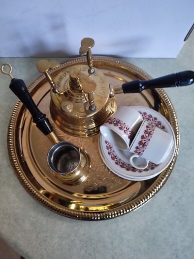 Turkish / Greek / Arabic Coffee set. Coffee Pot Brass for 2 set on brass Tray with 2 Cups and saucers and brass Seprteaia.