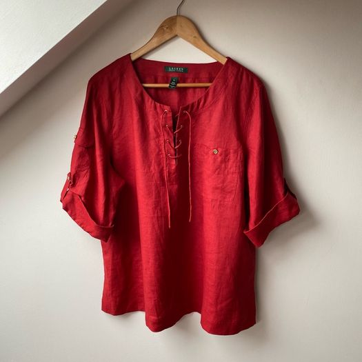 Lauren Ralph Lauren Red 100% Linen Lace-Up Tunic Blouse Roll Tab Sleeve XL