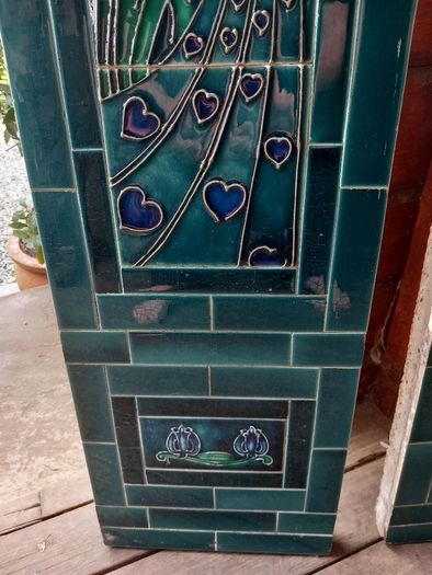 Pair of Art Nouveau antique tiled side panels for fireplace, extremely heavy, D18