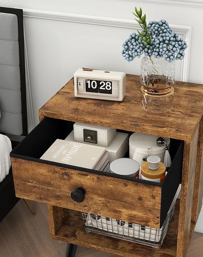 Set of 2 Side Tables, Bedside Table, Sofa End Table, with Fabric Drawers and Open Shelf Unit, Solid Wood Legs, Nightstand, for Bedroom, Living Room, Rustic Brown