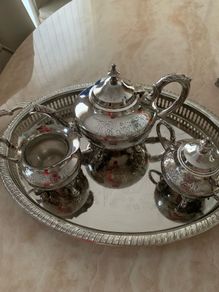 Silver Tea pot sugar & jug Set with oval tray