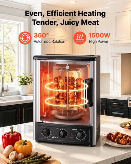 Countertop Vertical Rotating Oven 22L Rotisserie Shawarma Machine, 1500W Kebab Grill Roaster with Heat-Resistant Door, Drip Tray, Timer & Temp Control, Kebab Rack with 7 Skewers