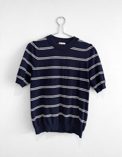 Pre Owned Savida Navy & White Striped Short Sleeve Fine Knit Top
