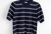 Pre Owned Savida Navy &amp; White Striped Short Sleeve Fine Knit Top