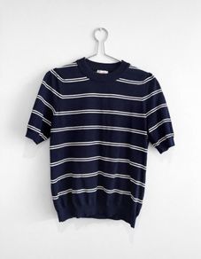 Pre Owned Savida Navy & White Striped Short Sleeve Fine Knit Top