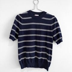 Pre Owned Savida Navy & White Striped Short Sleeve Fine Knit Top