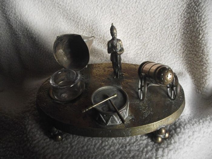 Victorian Brass Inkwell Desk Set - Military Theme - Lozenge Mark 13th January 1883