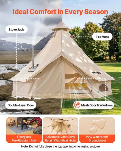 Oxford Bell Tent 4 Seasons 3 m Yurt Tent for Camping with Stove Jack Waterproof Breathable Holds up to 3 People with Zipped Detachable Floor