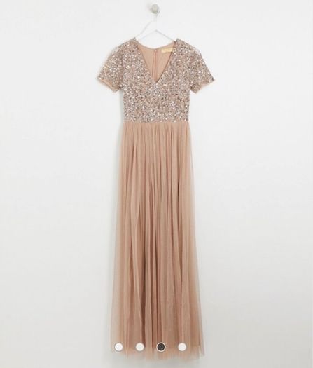 Maya Bridesmaid v neck maxi tulle dress with tonal delicate sequins in taupe blush