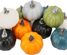 Pumpkin Autumn Decorations 12pcs, Decorative Large Small Outdoor Blue Green Pink Teal Foam Plastic Fake Faux Artificial Pumpkins for Halloween Fall Harvest Festival