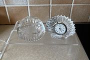 Vintage Stuart Crystal Dime Paperweight &amp; Cavan Crystal Fan shaped clock