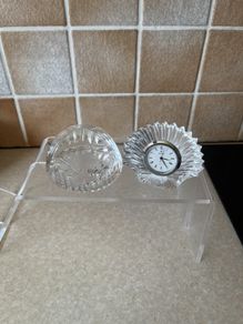 Vintage Stuart Crystal Dime Paperweight & Cavan Crystal Fan shaped clock