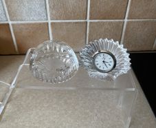 Vintage Stuart Crystal Dime Paperweight & Cavan Crystal Fan shaped clock