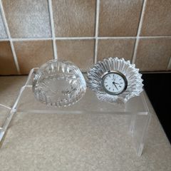 Vintage Stuart Crystal Dime Paperweight & Cavan Crystal Fan shaped clock