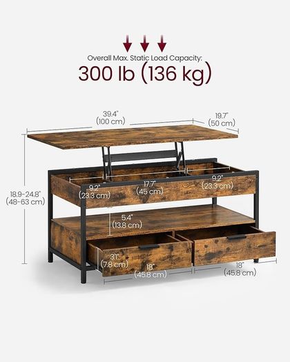 Coffee Table Height Adjustable Living Room Table Coffee Table with Drawers Open Compartment Vintage Brown Ink Black
