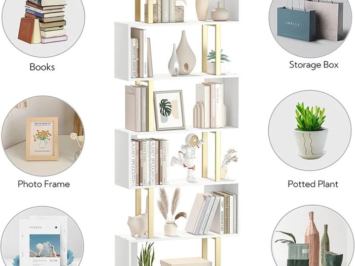 Geometric Bookcase, S Shaped Bookshelf 6-Tier Book Shelves for Bedroom, Modern Wood Decorative Display Shelf Tall Book Case for Home Office, Gold and White