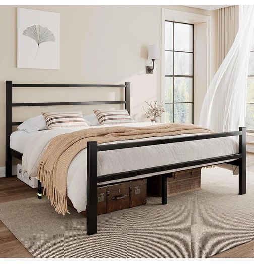 Metal Double Bed Frame With Stylish Headboard And Footboard,Bed Frame Double Bed,Easy Assembly, Ample Under-bed Storage Space, Black