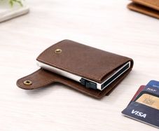 Premium Genuine Leather Smart Card Holder Wallet RFID Blocking Slim Wallet with Pop-Up Card Case