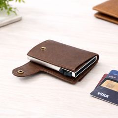 Premium Genuine Leather Smart Card Holder Wallet RFID Blocking Slim Wallet with Pop-Up Card Case