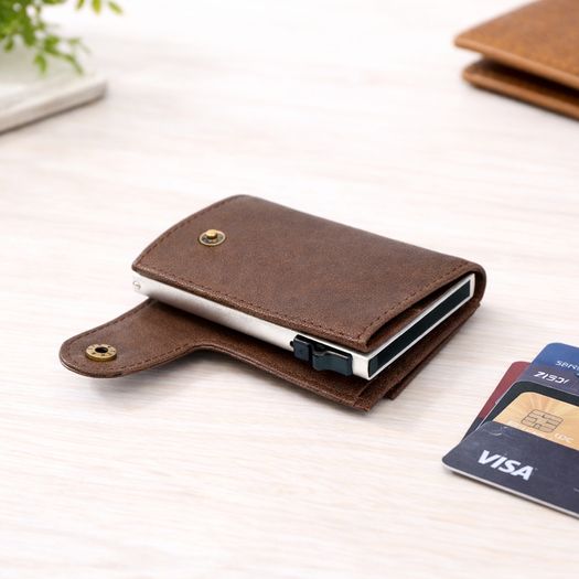 Genuine Leather Pop-Up Card Holder Wallet RFID Blocking Slim Credit Card Case