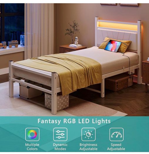 3FT Single Bed Frame with Storage Headboard, White Metal Platform Upholstered Bed frame USB Charging Station,Heavy Duty Metal Bed with LED Lights,Easy Assembly