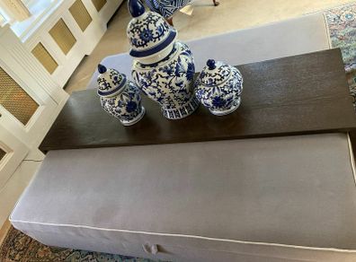 Ex Helen Turkington large grey  storage ottoman with wooden over tray