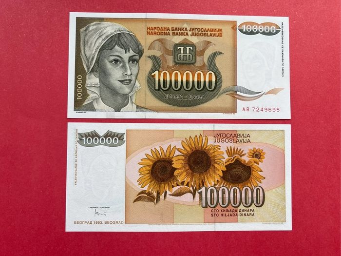 Yugoslavia 100,000  Dinara 1993  Pick 118. ( Uncirculated )