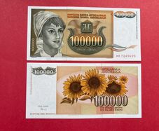 Yugoslavia 100,000  Dinara 1993  Pick 118. ( Uncirculated )