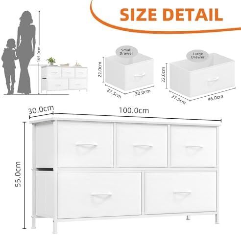 Chest of Drawers with 5 Drawers, Wide Storage Organiser Fabric Dresser for Living Room TV Stand Bedroom Closet Nursery Bedside Entryway Hallway, White Leather