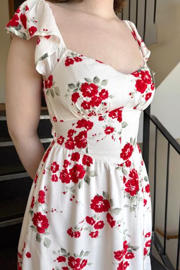 Hollister White & Red Floral Midi Dress With Lace-Up Back And Slit - Size S/8