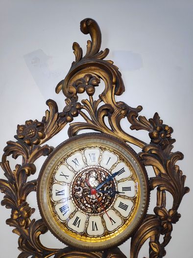 Vintage  Highly Ornated gold tone Wall Clock  quartz size 68x39cm