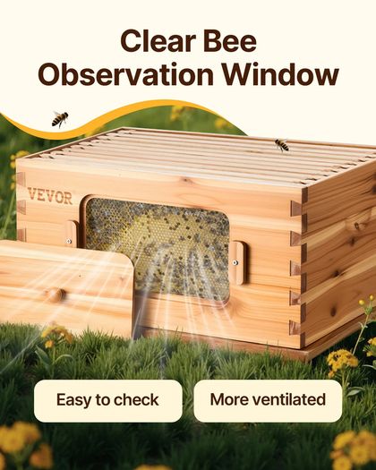 Bee Hive Deep Box Starter Kit, 100% Beeswax Coated Natural Fir Wood, Langstroth Beehive Kit with 10 Frames and Foundations, Transparent Acrylic Bee Windows for Beginners and Pro Beekeepers