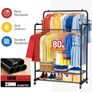 Heavy Duty Clothes Rail with Wheels, Double Rails Metal Clothes Rack with Hooks & Storage Shelf, 80kg Load Freestanding Garment Rail for Bedroom/Laundry/Shop (Black) Image 3