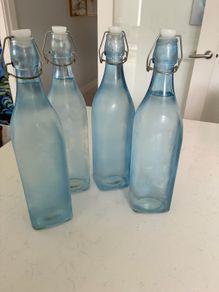 4 x Rustic Blue Glass Square 30cm Tall Bottles / Decanter With Swing Top Stopper