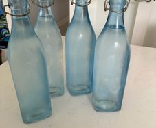 4 x Rustic Blue Glass Square 30cm Tall Bottles / Decanter With Swing Top Stopper