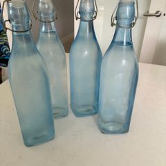 4 x Rustic Blue Glass Square 30cm Tall Bottles / Decanter With Swing Top Stopper