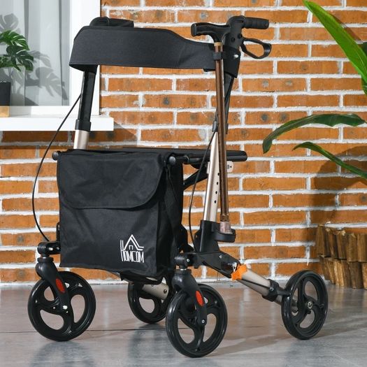 Wheel Rollator with Seat and Back, Folding Mobility Walker with Carry Bag, Adjustable Height, Dual Brakes, Cane Holder, Lightweight Aluminium Walking Frame for Seniors and Disabled, Gold Tone