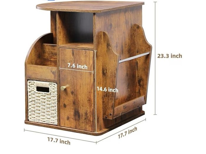 Rotating End Table with Storage, Rotating Side Table Living Room, Side Table with Magazine Holder, Basket and Cabinet, Sofa Side Farmhouse End Tables with Open Shelf (Rustic Brown)