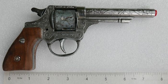 Vintage 60s Metal Cap Gun Firecracker Pistol, Wooden Handle