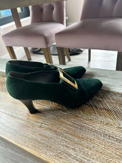 Vintage Christian Dior green heels with gold buckle