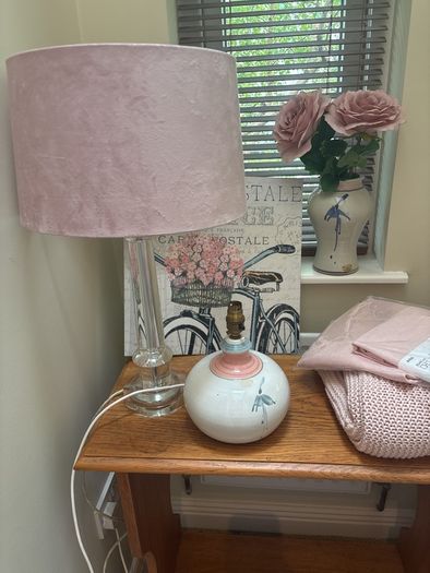 Cut Glass Pillar Lamp with Dusty / Dusky Faux Suede Drom Shade