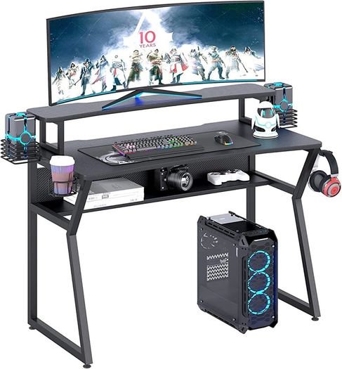 Gaming Desk, Computer Desk with Large Monitor Stand and Open Shelf, PC Laptop Gamer Table Workstation with Cup Holder, Headphone Hook, 2 Speaker Stand for Home Office MULTIPLE COLOURS AVAILABLE (FREE POSTAGE)